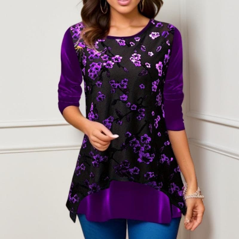 YYFS Women's Fashion Casual Spring Fall Flower Pattern Print Long Sleeve O-Neck Blouses & Shirts XL dark purple