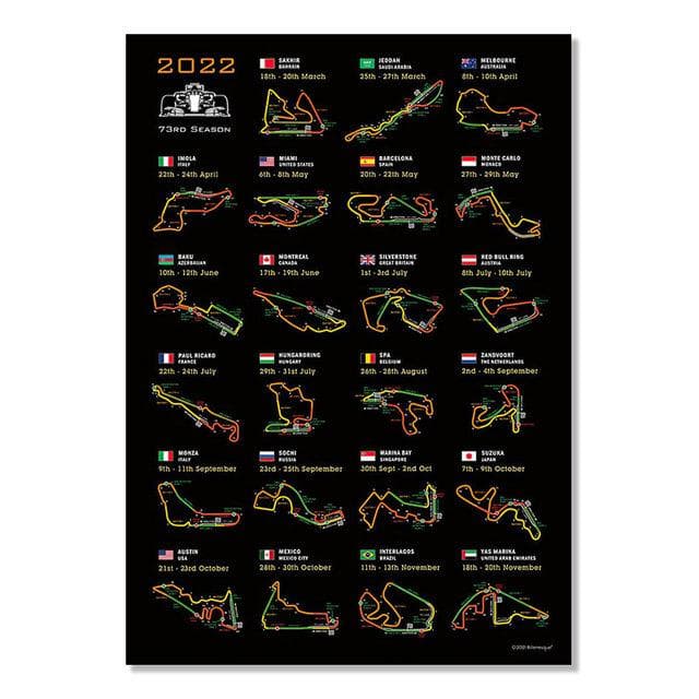 2022 Formula Grand Schedule Map Canvas Painting F1 Racing Car Prix Track Calendar Poster And Print Living Room Home Decoration 50cm×150cm NoFrame
