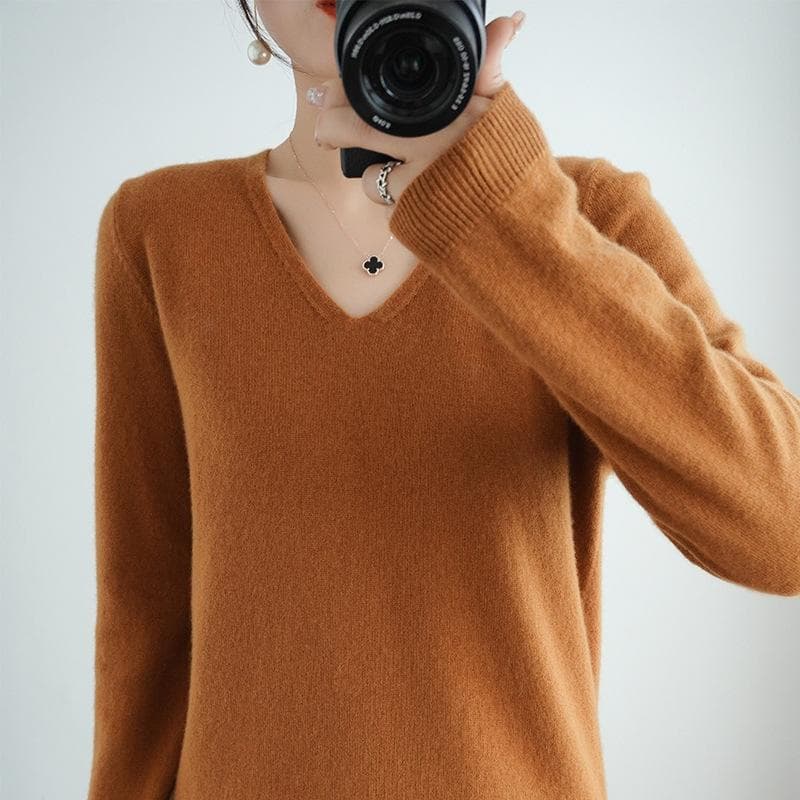 Women's Cozy Knitted Pullover Cashmere Sweater V Neck Fuzzy Slim Fit Sweater S brown
