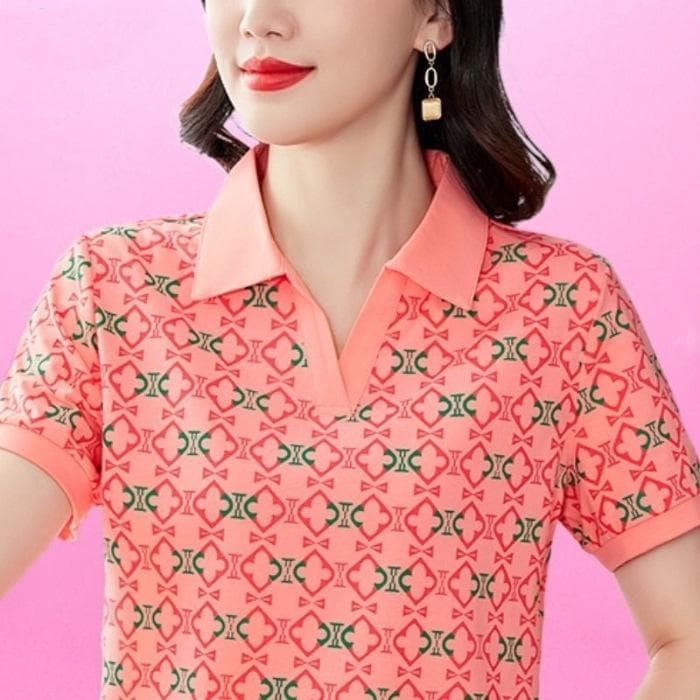 Printed POLO Shirt for Women In Summer New Fashionable Mother Summer Slim Top for Women L pink