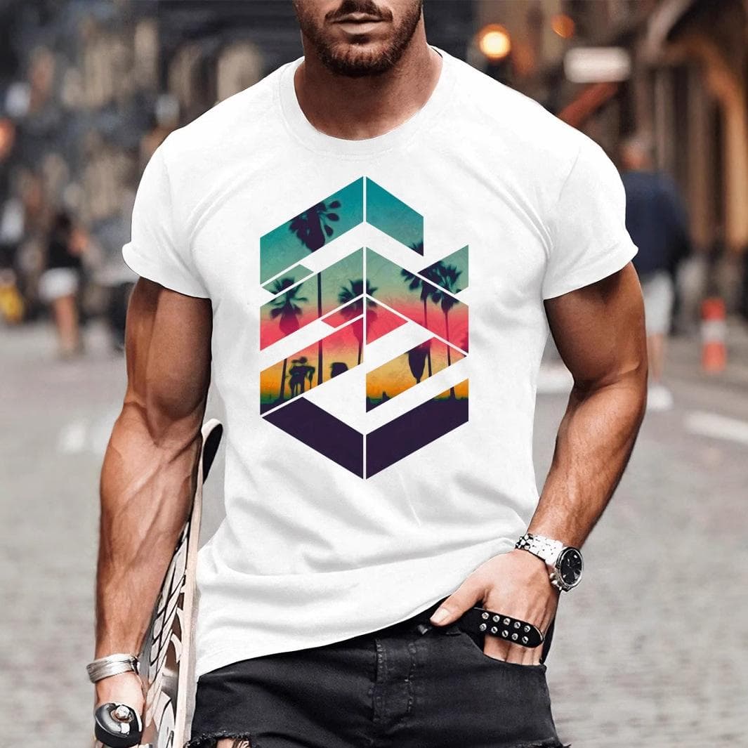 Men's Short-sleeved Geometric Landscape Pattern Printed T-shirt 5XL white