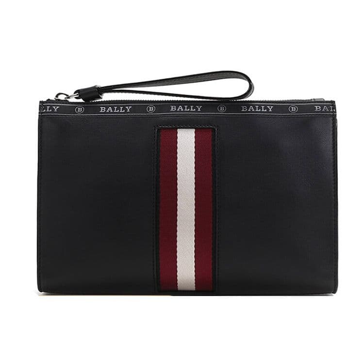 Bally Classic Red And White Striped Leather Zipper Wallet Clutch Men Wallets Black HAIG-10 Basic Set (Bag+Dust Bag)