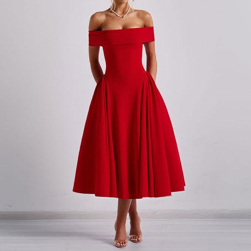 Summer Women's Fashion Off-shoulder Sexy Style One-length Solid Color Dress for Women XL