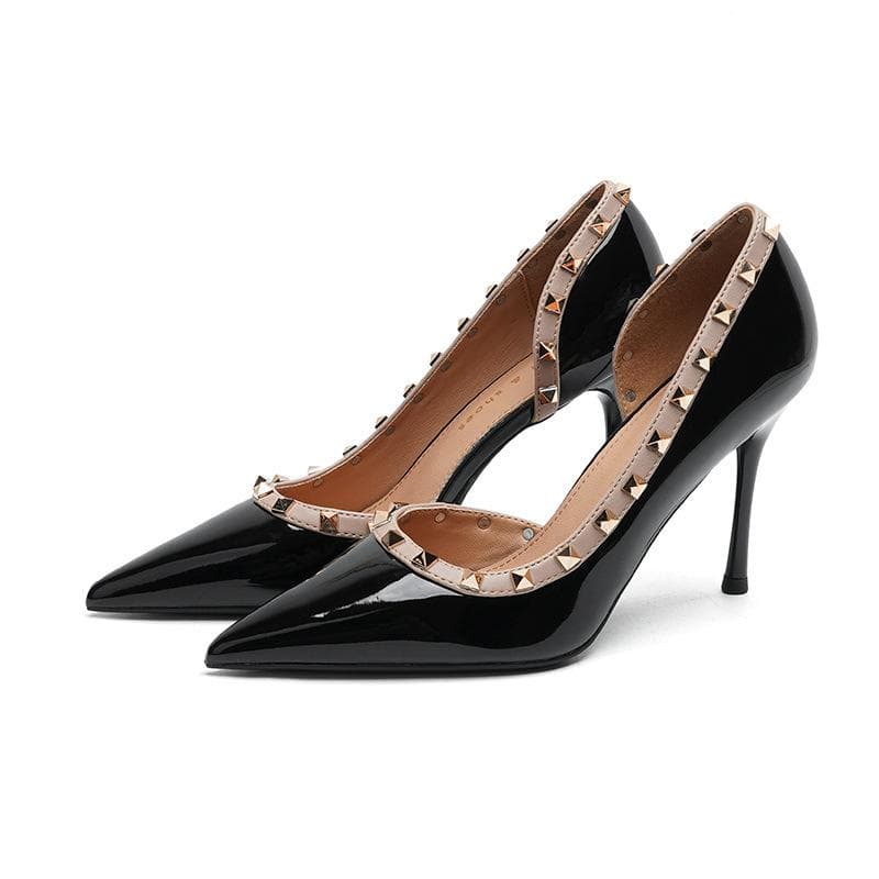 New Low-Cut Pointed-Toe Stilettos High Heels Fairy Wind Side Empty Rivet Shoes Women 37 black
