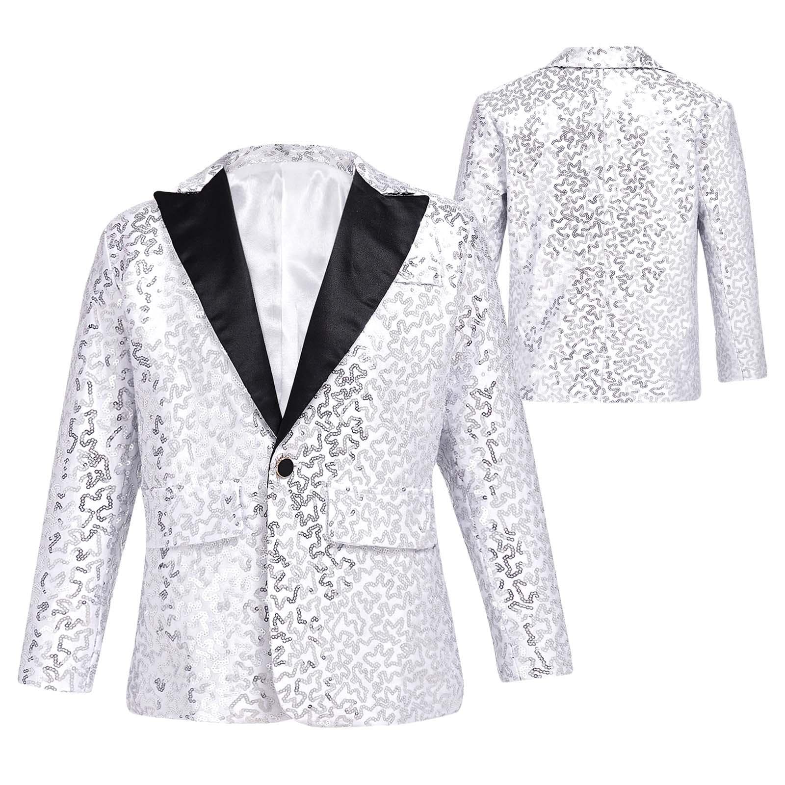 Kids Boys Sequins Lapel One Button Blazer Shirt Jacket for Wedding Banquet Party Formal Wear Suit 7-8 Years silver