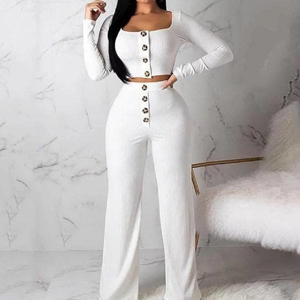 New 2pcs Women Fashion Long Sleeve Slim Knitting Tops + Straight Pants Women Clothing Set S white