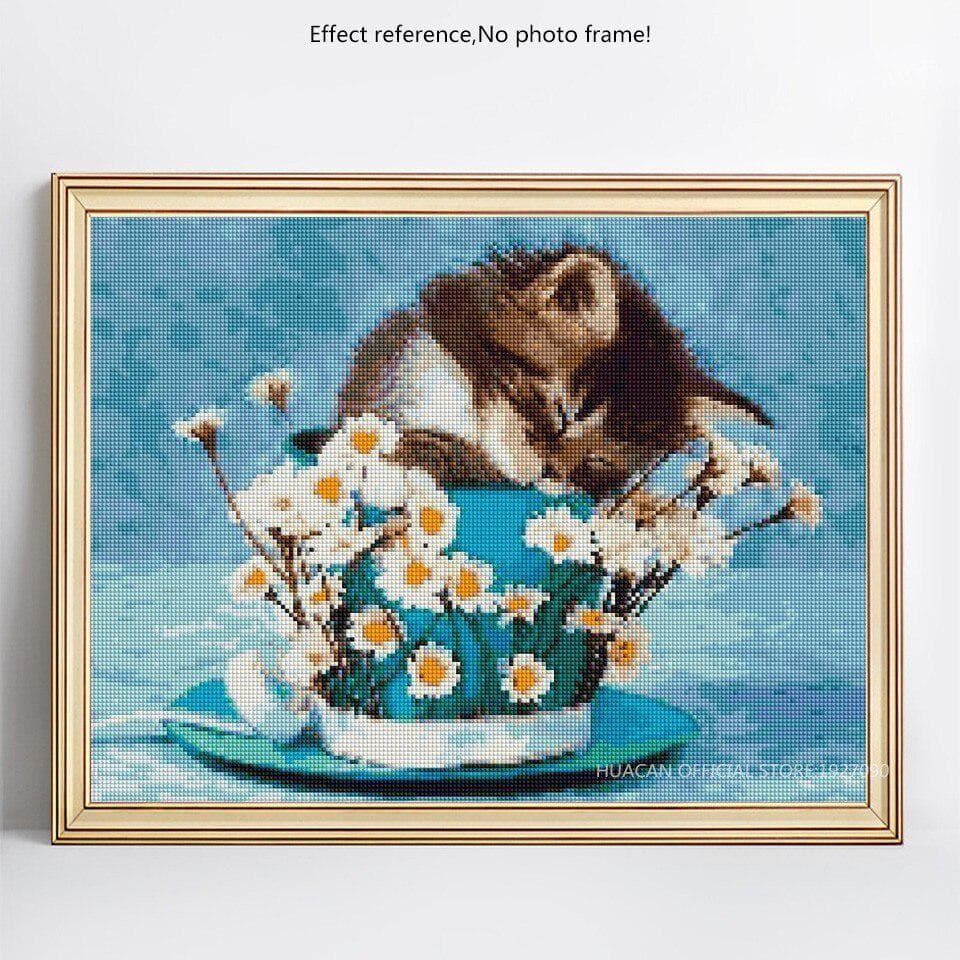 5D DIY Diamond Painting Animal Diamond Embroidery Cup Flower And Cat Picture Of Rhinestone 20X30CM