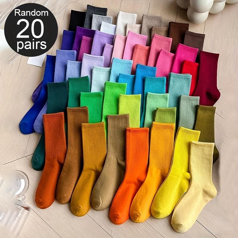 20 Pairs Fashion Trendy Solid Color Versatile Socks, Comfy & Breathable Mid Tube Socks, Women's Stockings & Hosiery One-size
