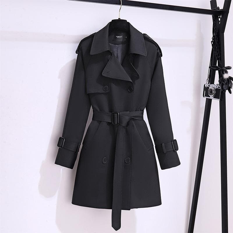 Winter New Temperament Trench Coat Women's Small British Style Korean Large Size Medium and Long Waist and Thin Coat L black