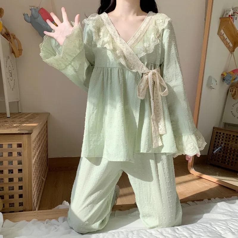 Pajamas Princess Palace Style Pajamas Spring and Autumn Long Sleeve Sweet and Cute Pajamas Retro Kimono Solid Color Pajamas M