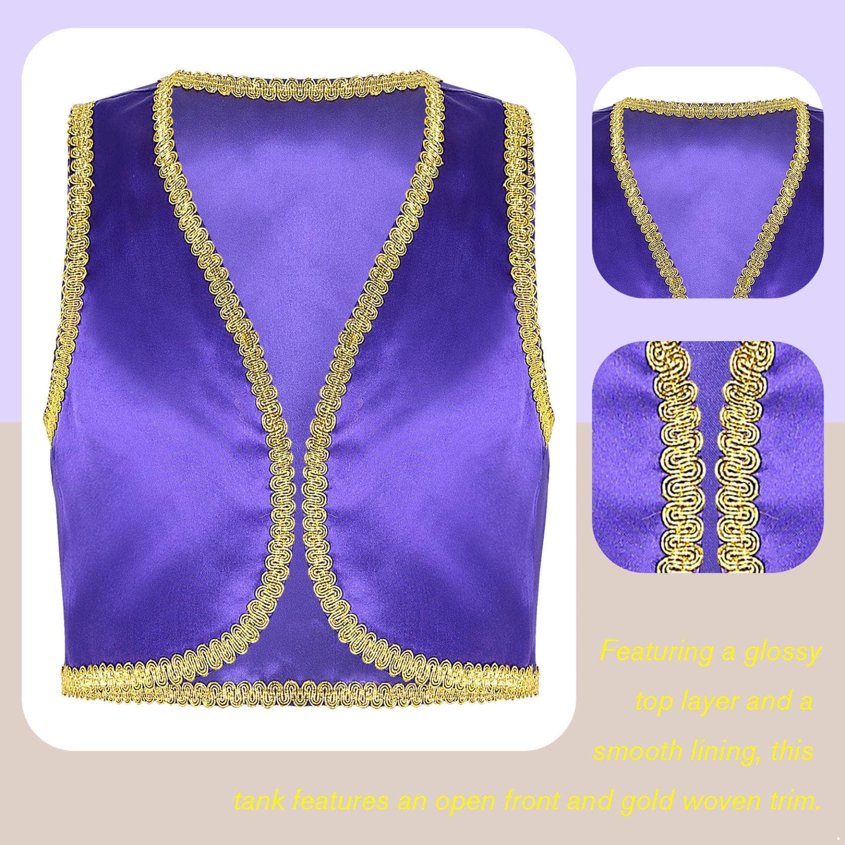 Boys Halloween Arabian Prince Cosplay Waistcoat Kids Theme Party Masquerade Festival Roleplay Vest Stage Performance Costume 11-12 Years purple