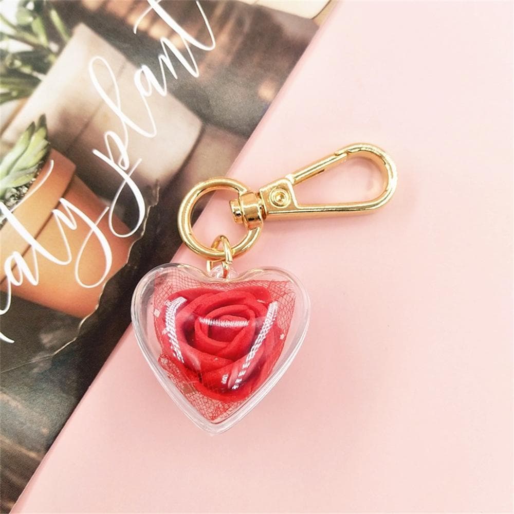 Cute Rose Keychain Love Heart Pendant Eternal Flower Keyring for Women Bag Ornaments Car Keys Accessories Couple Gifts red