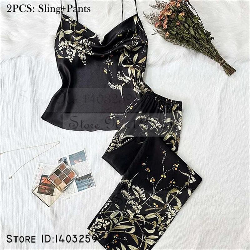 New Female 4PCS Pajamas Set Spring Summer Satin Sleepwear Intimate Lingerie Print Cherry Flower Nightgown Loose Home Clothes XL