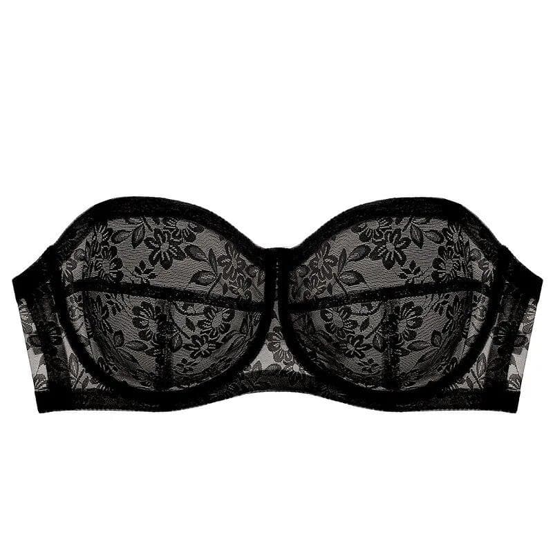 Women's Lingerie Strapless Ultra Thin Bra Transparent Embroidery Floral Brassiere Sexy Invisible Bralette Ladies Underwear 38/85 black