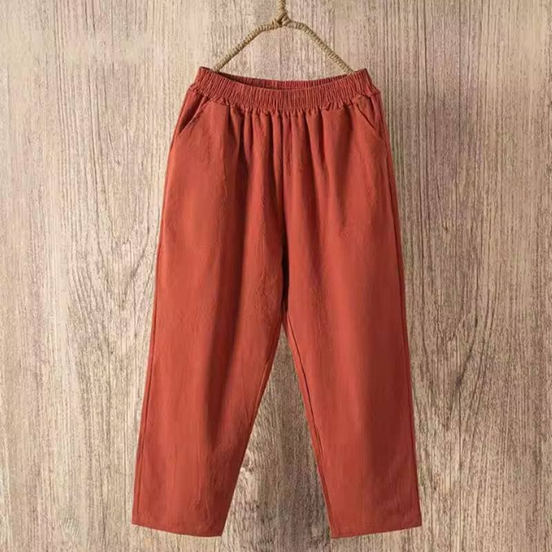 Women Summer Casual Loose Harem Elastic Waist Cotton Linen Pants Ninth Trousers XL coffee