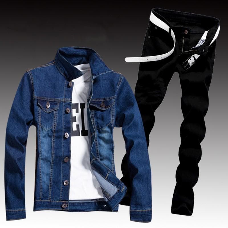 Spring Mens Denim Two Piece Set Hole Ripped Slim Fit Jacket Jeans Sets Male Casual Vintage Ropa Hombre Cargo Suit Streetwear L