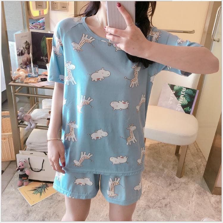 2Pcs/Set Cartoon Animal Women Sleepwear Short Sleeve Top Shorts Pajamas Set L