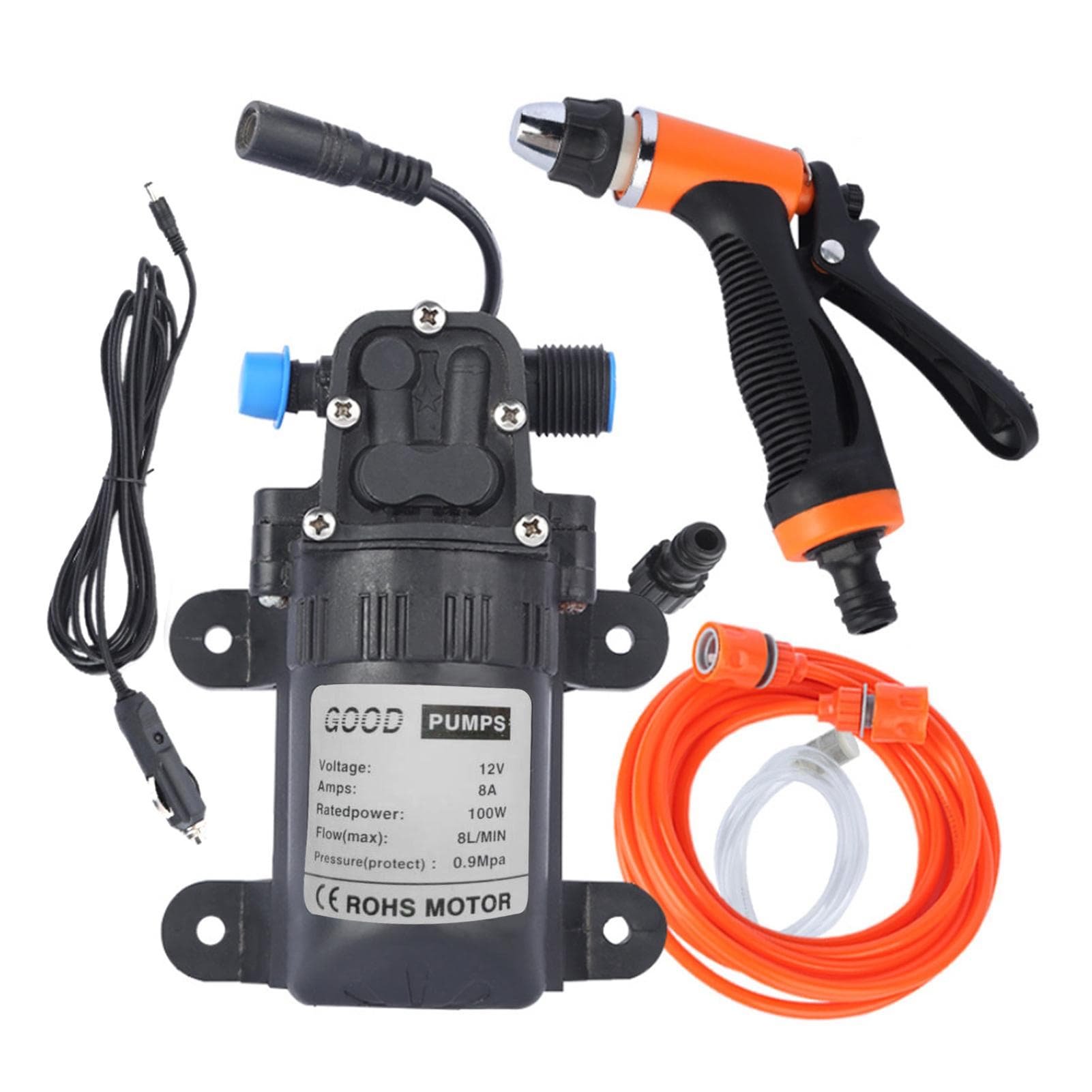 High Pressure Car Washing Machine Kit 12V Electric Pump + Wash Sprayer 2 Modes + Power Cable + Hoses 1 Kit
