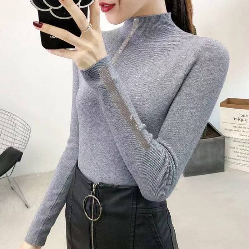 Half Turtleneck Sweater Women's Knitted Top Short Slim Fit Bottoming Shirt One size grey
