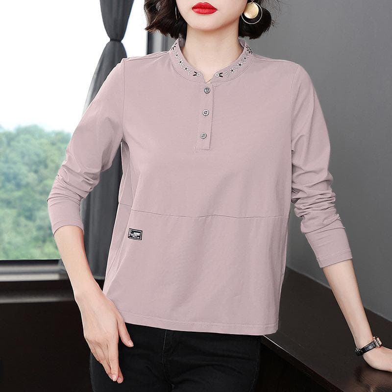 New Long-sleeved T-shirt for Women with Versatile Collar Embroidered Middle-aged Mother Temperament Fashionable Top Base Shirt 3XL