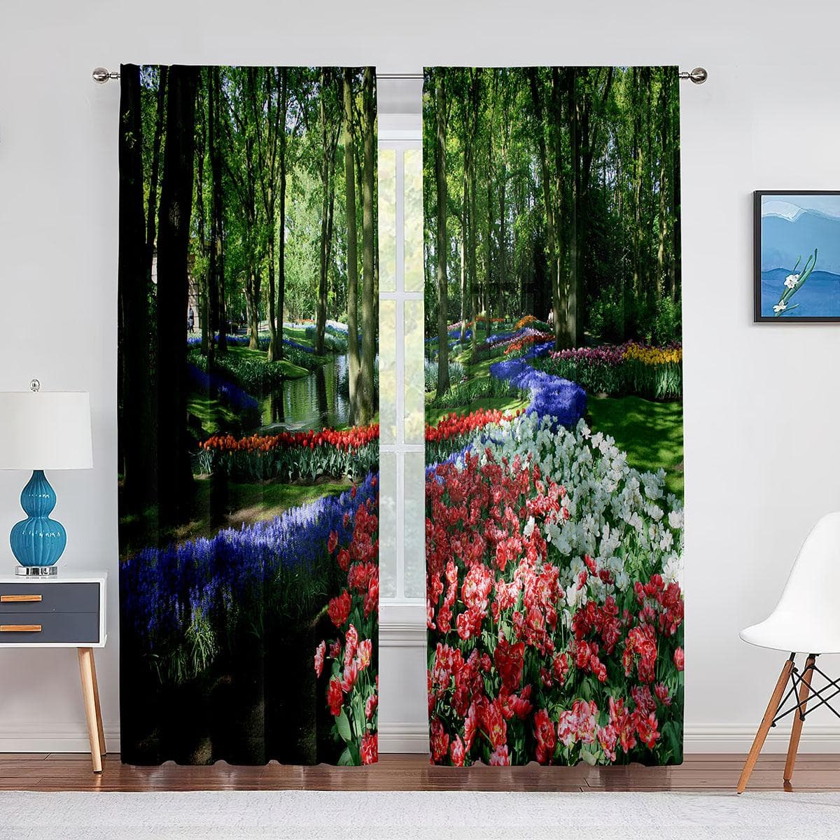 Garden Tulip Flower Field Trees Sheer Voile Curtains for Living Room Bedroom Balcony Party Decor Tulle Curtains Window Treatment 1 PCS W100XH250cm&Grommet Top