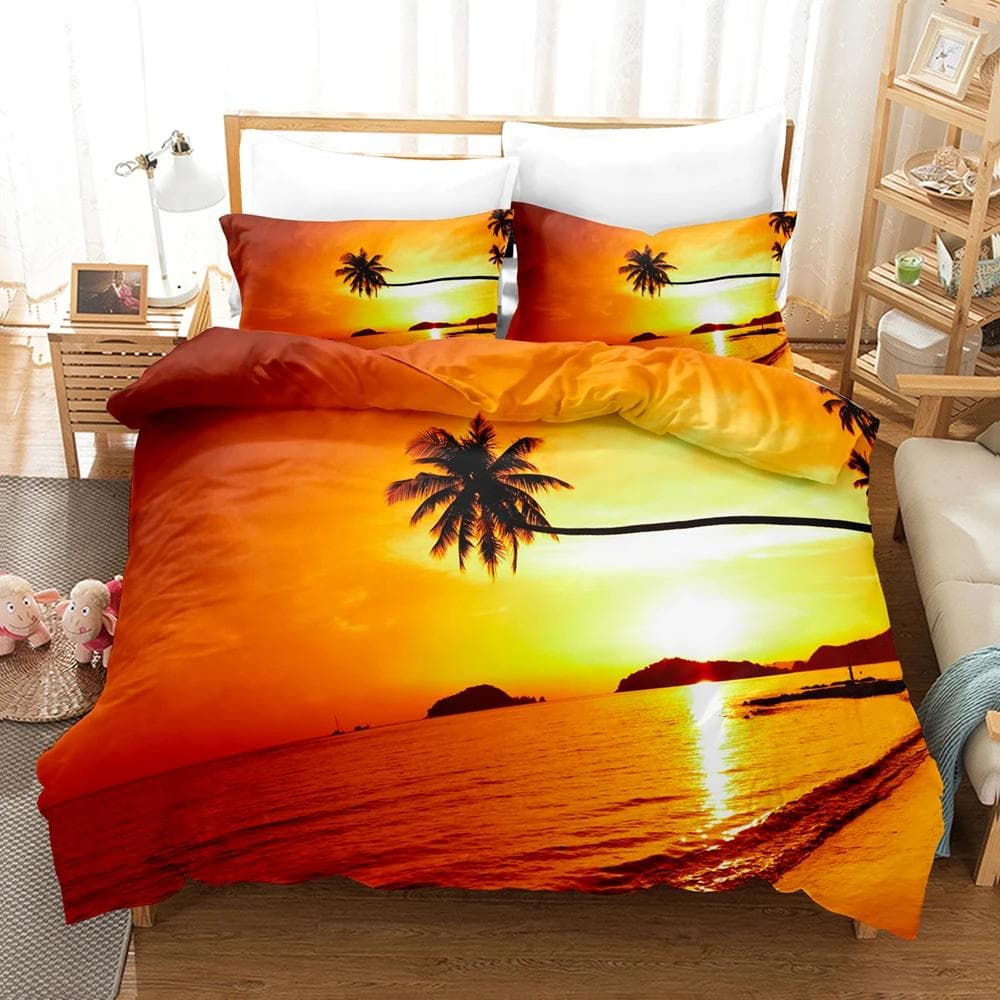 Goldon Sunset Bedding Set Tropical Beach Holiday Duvet Cover Set Girl Bed Cover Set Sunrise Quilt Cover Pillowcase Single Double 155x215cm 3pcs