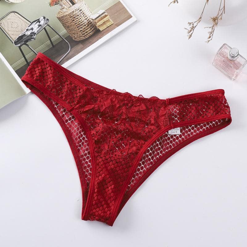 TERMEZY New Panties Women Lace Underwear Sexy Low-Waist G String Thong Transparent Hollow Out Briefs Solid Soft Female Lingerie L burgundy