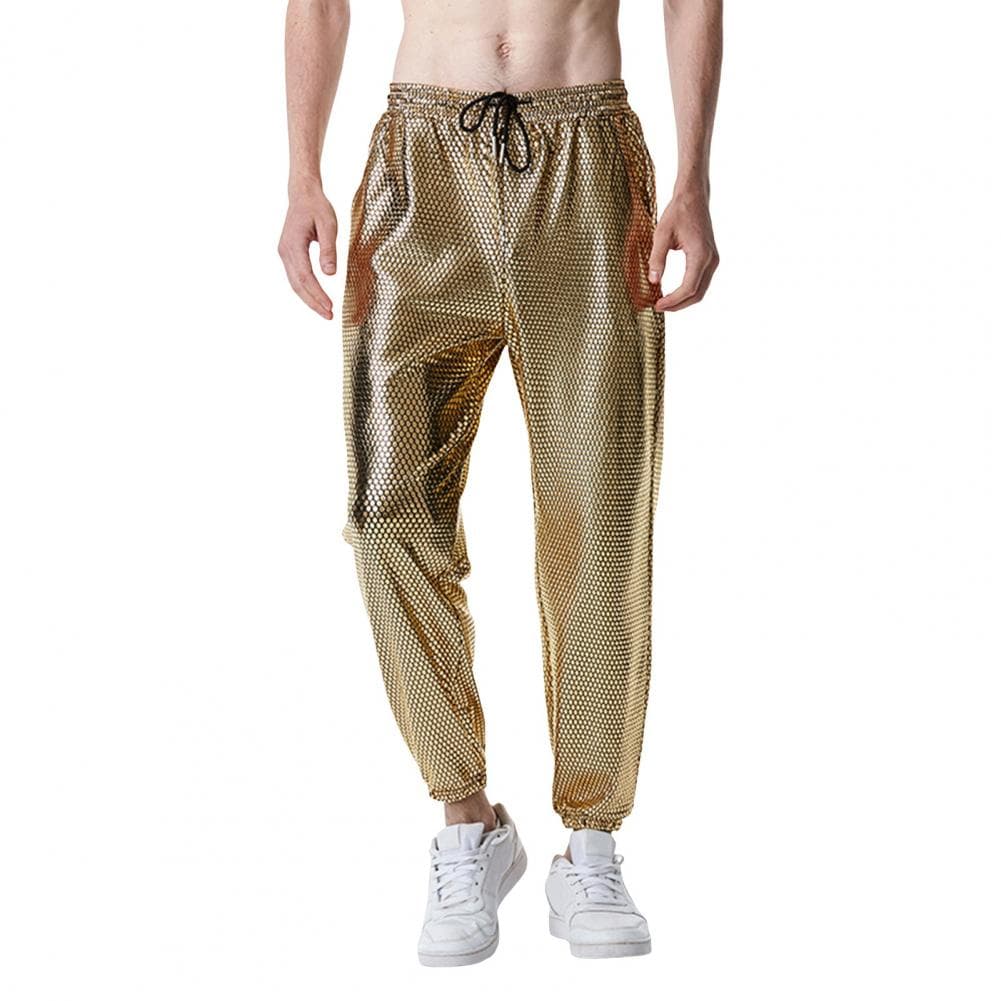 Men Pants Drawstring Elastic Waist Rhombus Bronzing Metallic Retro 70s Disco Loose Solid Color Ankle Length Club Party Performan M golden