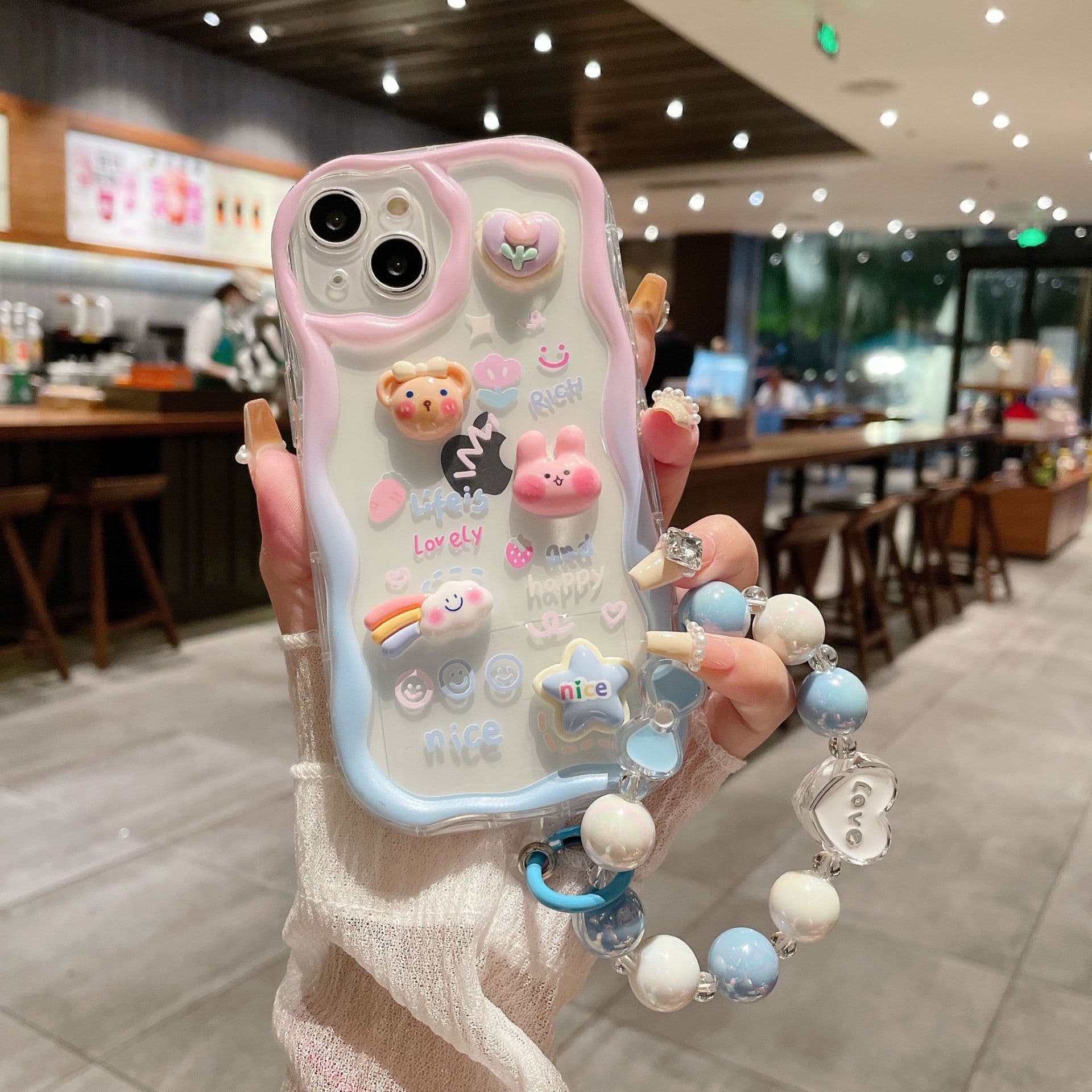 Three-dimensional Waves Suitable for Apple 16PRO Gradient Color Rabbit Doll Phone Case IPhoneX Bracelet Protective Case 13 apple 16PRO