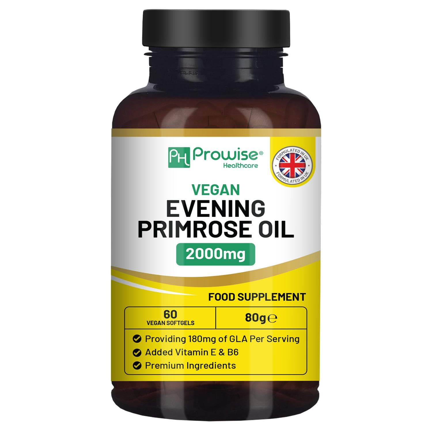 Vegan Evening Primrose Oil 2000mg with Vitamin E & B6 – 60 Vegan Softgels| Pure Cold Pressed