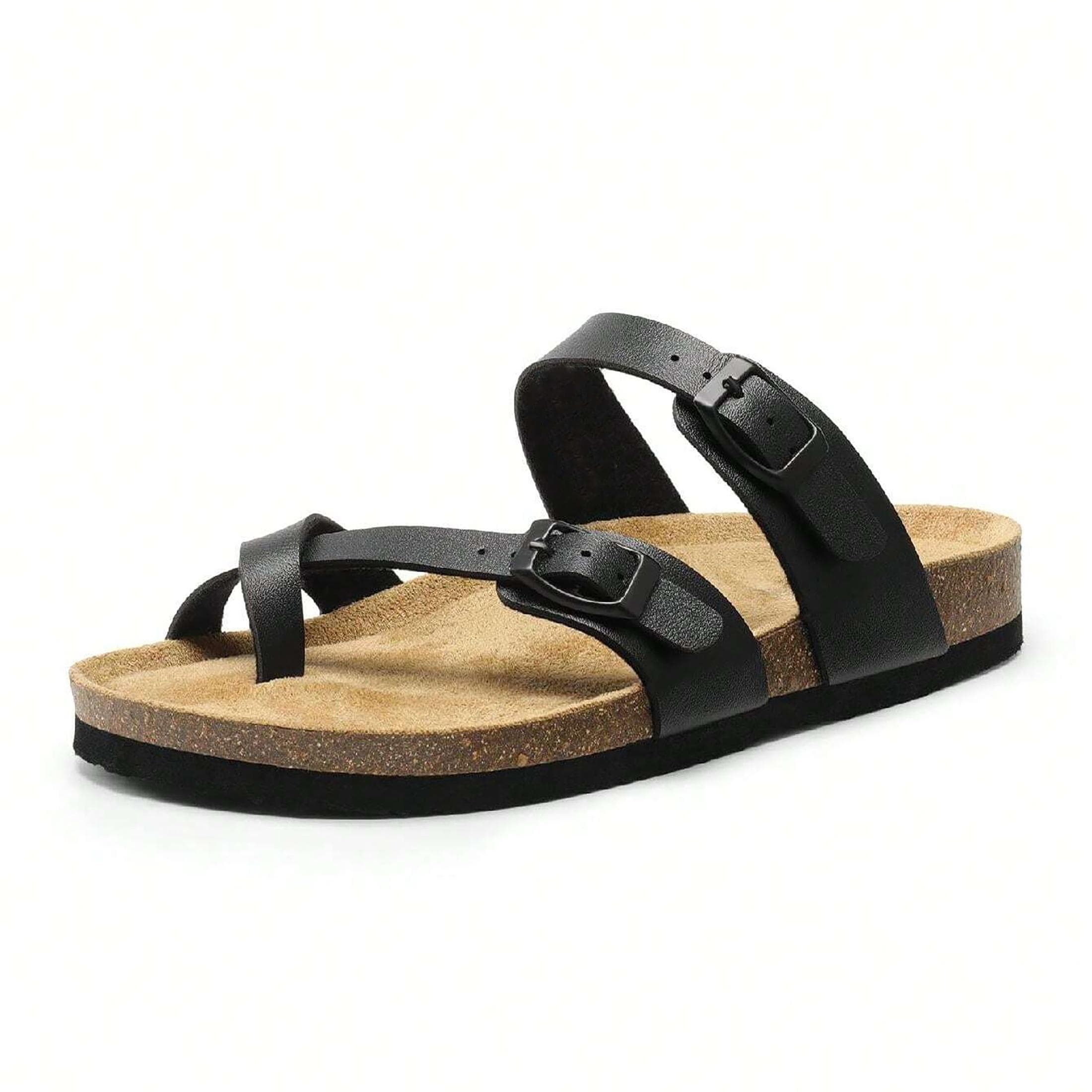 Womens Strappy Slip-On Slides Adjustable Buckle Cork Footbed Slide Sandals With Comfortable Arch Support Outdoor 42 black
