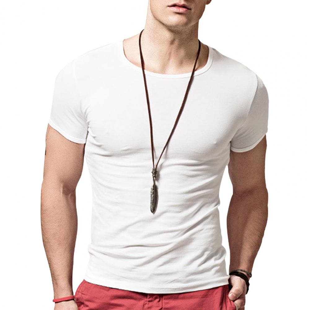 Summer Men Top Short Sleeves O Neck Slim Fit Solid Color Thin Elastic Mid Length Casual Pullover Daily Homewear Sport T-shirt M white