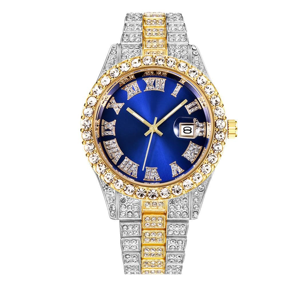 High Quality Luxury Fashion High-end Hip Hop Diamond Steel Belt Men's Quartz Watch Boy Business Sports Clock Rose/blue