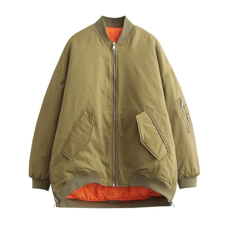 Sexy Design Fashion Loose Padded Bomber Jacket Coat Vintage Long Pleated Sleeves Front Zipper Female Outerwear L olive green