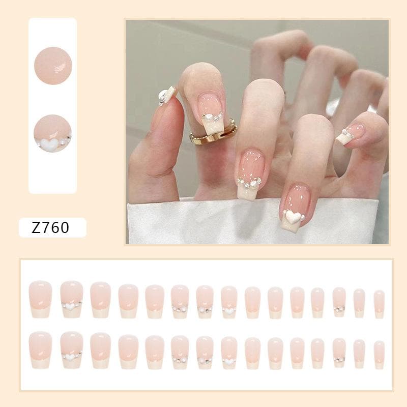 24 Pcs Short Ballet White Pearl Burst Flash Cream Yellow French Cute Girl Fake Nail Finished Product Wearing Nail Ins Wind