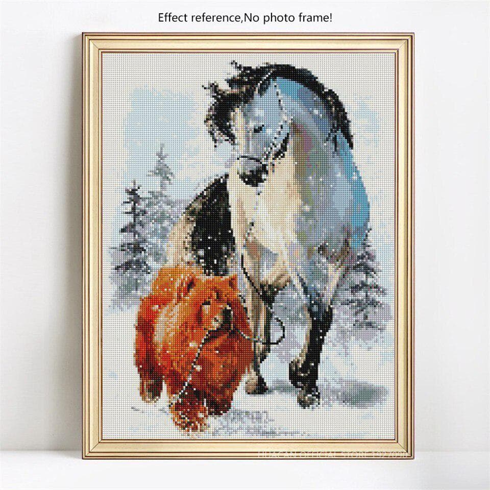 Diamond Embroidery Painting Dog And Horse 5D DIY Animal In Winter Mosaic Cross Stitch 20X30CM