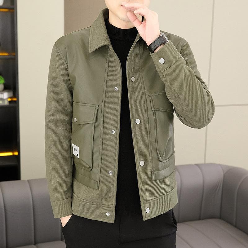 Autumn and Winter Lapel Leather Jacket Men's Fashion Trend Warm Woolen Jacket Youth Korean Style Loose Casual Work Jacket 4XL