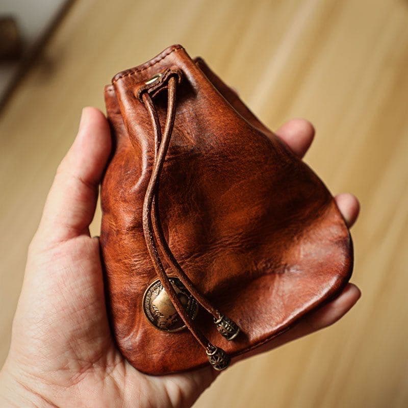 Leather Coin Bag Leather Drawstring Bag Coin Bag Leather Bag Change Holder Men's and Women's Valentine's Day Gift Wallet Coin Bag brown
