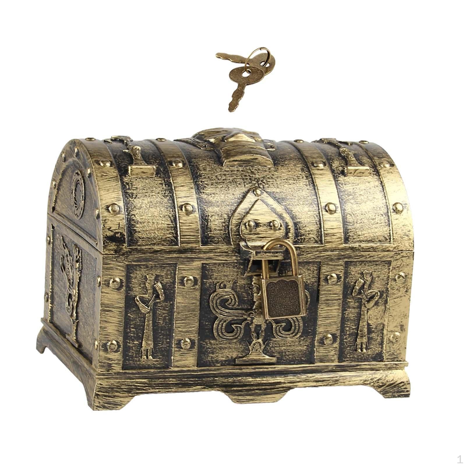 Antique Pirate Chest with Lock for Storing Trinkets and Bills 14cmx10cmx10.5cm_Bronze