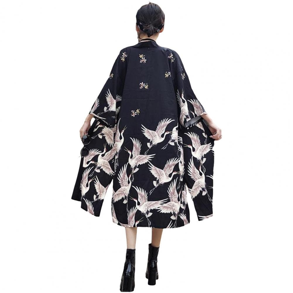 Unisex Shirt Retro Japanese Style Three Quarter Sleeves Loose Cardigan Bird Printed Robe Split Hem Sports Travel Parties Daily W XXL black