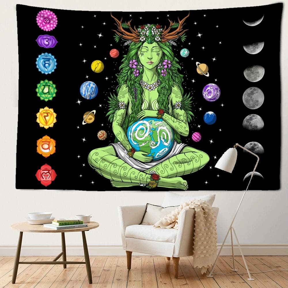 Green Girl Seven Chakra Tapestry Wall Hanging Abstract Psychedelic Witchcraft Art Bohemian Dormitory Living Room Home Decor 95x70CM