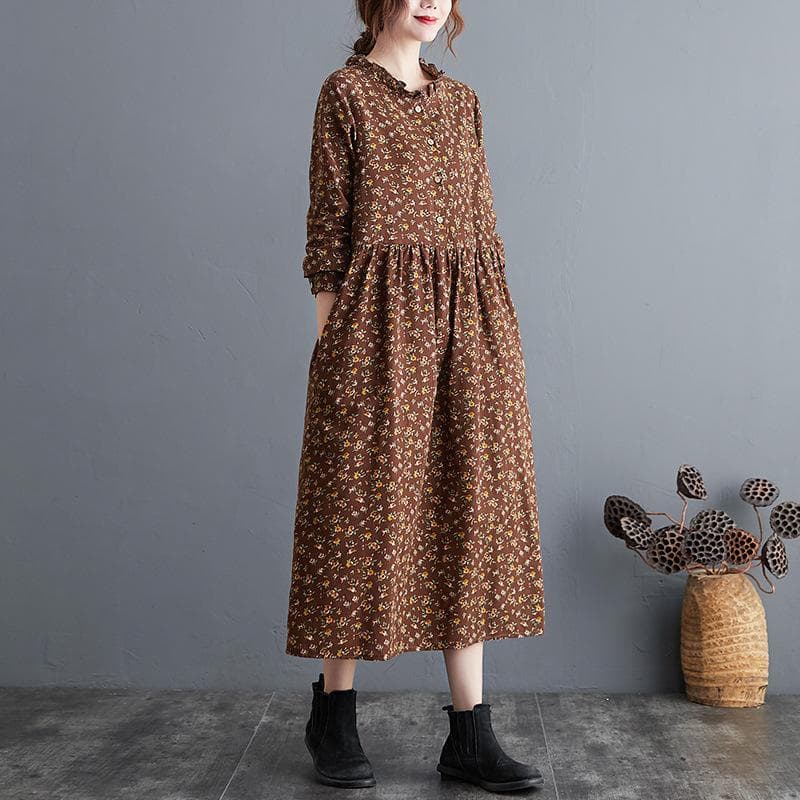 Spring and Autumn Retro Literary Cotton and Linen Loose Large Size Floral Long Dress XXL coffee