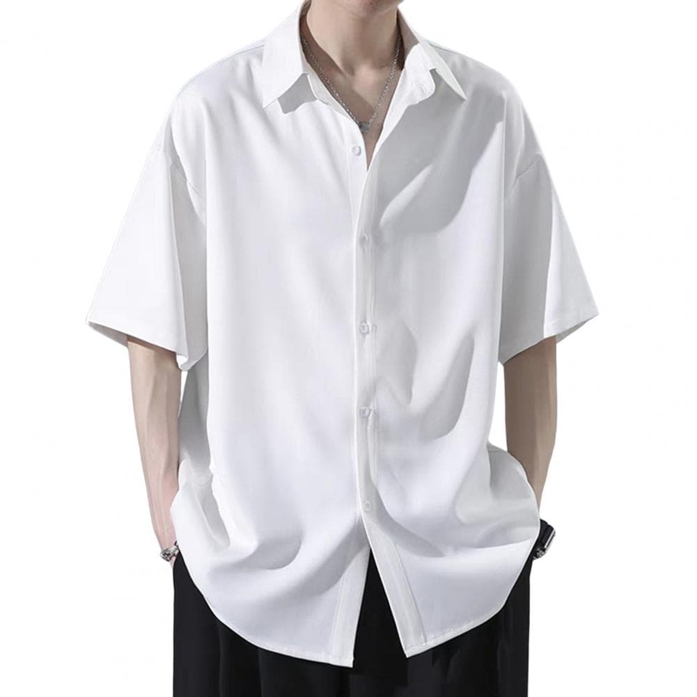 Men Spring Top Men's Casual Loose Fit Ice Silk Shirt with Turn-down Collar Half Sleeves Stylish Button-up Top for School Dating M white