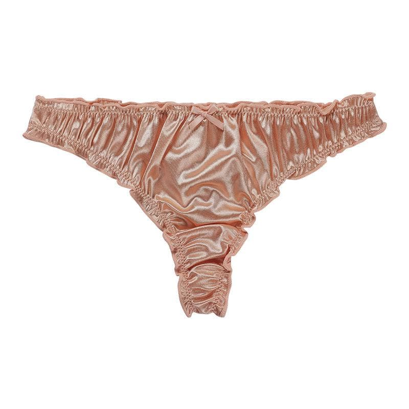 Women's Satin Thong Panties Comfortable Frilly Thongs Ruffle Milk Silk Low-Waist Bikini Briefs Frill Trim Underwear M