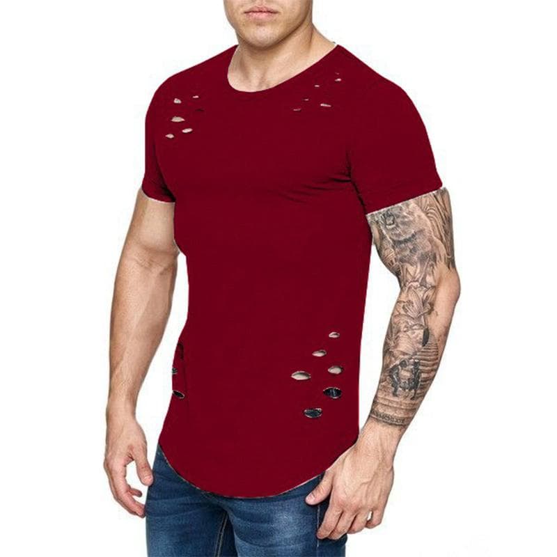 Summer T-Shirt Men Fashion Hole Distressed Fitness T Shirt Short Sleeve Solid Slim Fit Hip Hop T-shirt Yasheng 2XL red