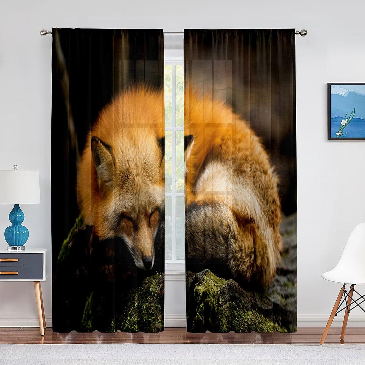 Cute Animal Fox Sheer Curtains for Living Room Bedroom Kitchen Home Decor Elegant Red Fox Tulle Voile Curtains Windows Drapes 1 PCS W100XH250cm&Grommet Top
