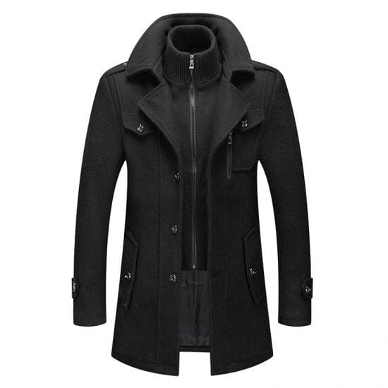 New Winter Wool Coat Men Fashion Double Collar Thick Jacket Single Breasted Trench Coat Men Casual Wool Blends Overcoats Men L black