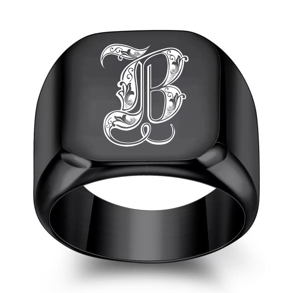 Retro Initials Signet Ring for Men Bulky Heavy Stamp Male Band Stainless Steel Letters Jewelry 11