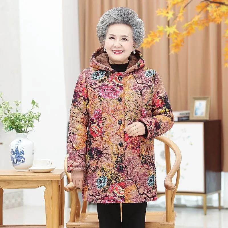 Plus Velvet Thick Cotton Jacket for Elderly Winter Women's Mid-Length Jacket Cotton Lined Corduroy Hooded Warm Quilted Jacket XXXL