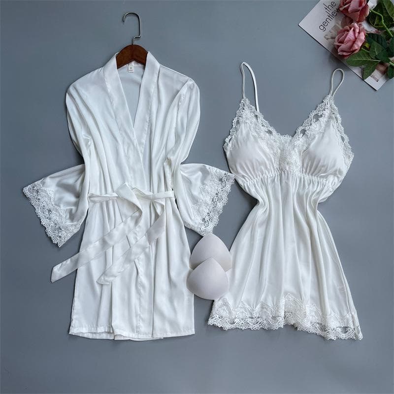 Women's 2PCS Robe Set Nightgown Embroider Lace Wedding Bathrobe Gown Sexy Satin Sleepwear Summer Home Wear Nightdress Lingerie M